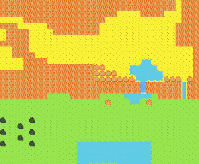 a sandy pixel art landscape viewed from a top-down perspective, with a waterfall flowing from a pool of water on a sandy hill into another pool of water in the grassy fields below